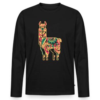Bunter Lama in Ethno-Muster - Männer Premium Bio Langarmshirt - Schwarz - Vorne - Nico (187cm)