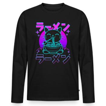 Rétro Kawaii Chat Mangeant Ramen - T-shirt manches longues Premium bio Homme - noir - Devant - Nico (187cm)