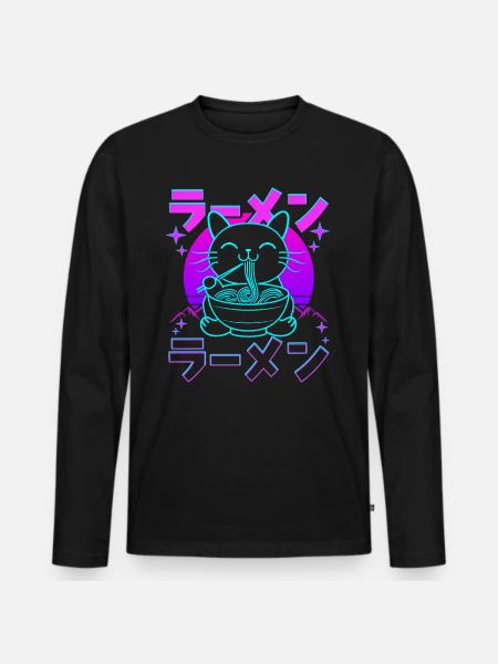 Rétro Kawaii Chat Mangeant Ramen - T-shirt manches longues Premium bio Homme - noir