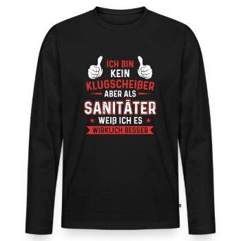 Kein Klugscheißer Sanitäter weiß ich es besser - Männer Premium Bio Langarmshirt - Schwarz - Vorne - Nico (187cm)