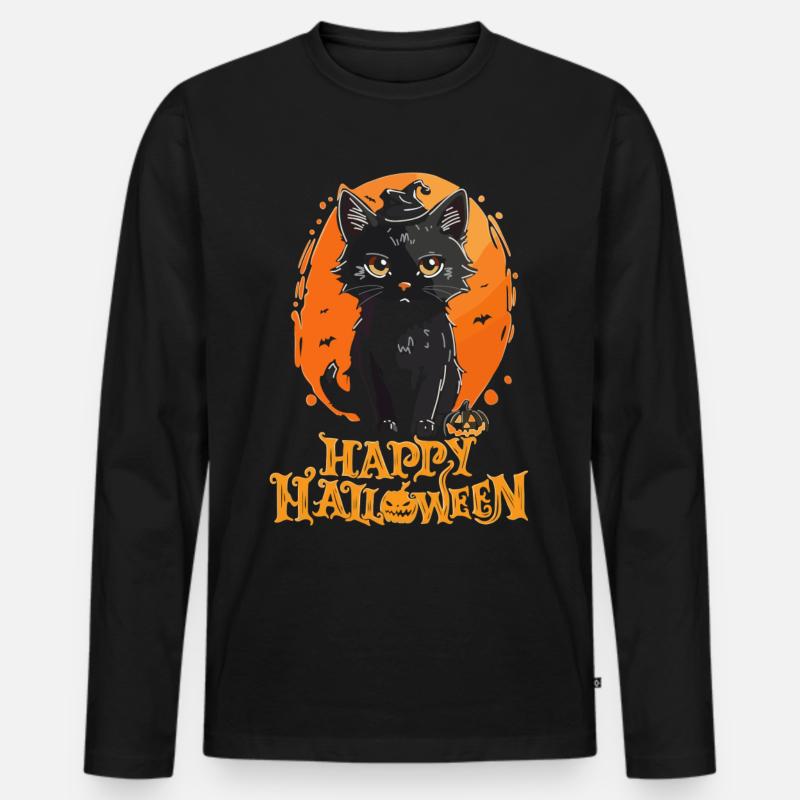 Happy Halloween - Schwarze Katze - Männer Premium Bio Langarmshirt - Schwarz