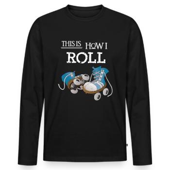 Rollschuhe Retro 70er Jahre - So rolle ich - Männer Premium Bio Langarmshirt - Schwarz - Vorne - Nico (187cm)