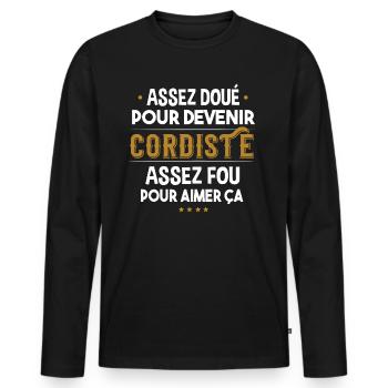Cordiste métier. Cadeau homme humour corde - T-shirt manches longues Premium bio Homme - noir - Devant - Nico (187cm)