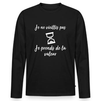 Je ne vieillis pas, je prends de la valeur - T-shirt manches longues Premium bio Homme - noir - Devant - Nico (187cm)