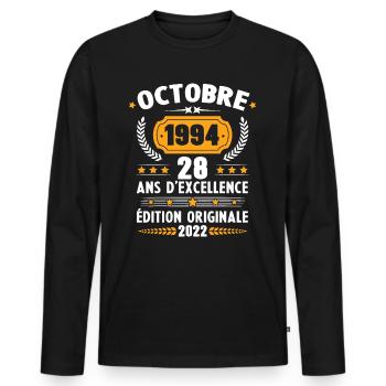 Cadeau D'anniversaire Rétro 28 Ans Octobre 1994 - T-shirt manches longues Premium bio Homme - noir - Devant - Nico (187cm)