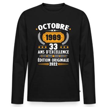 Cadeau D'anniversaire Rétro 33 Ans Octobre 1989 - T-shirt manches longues Premium bio Homme - noir - Devant - Nico (187cm)