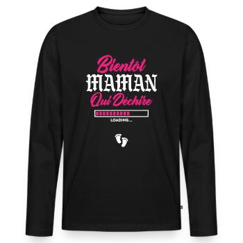 Bientôt Maman qui déchire - T-shirt manches longues Premium bio Homme - noir - Devant - Nico (187cm)