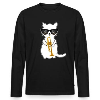 Funny trumpet-playing cat - trumpeter - Men's Premium Organic Long Sleeve Shirt - black - Front - Nico (187cm)