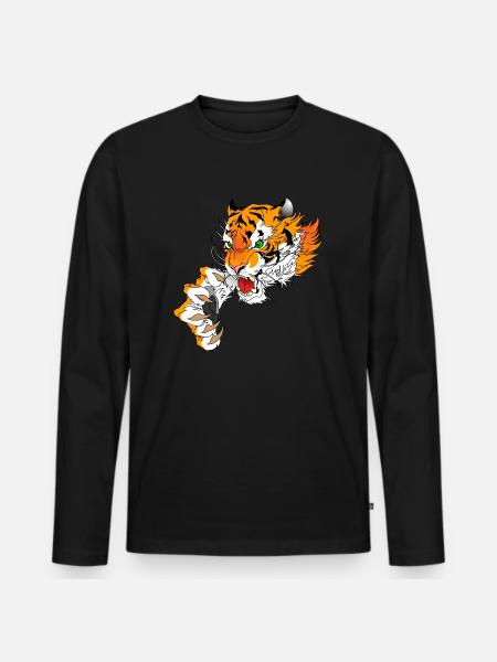 Tiger Kopf mit Pranke - Männer Premium Bio Langarmshirt - Schwarz