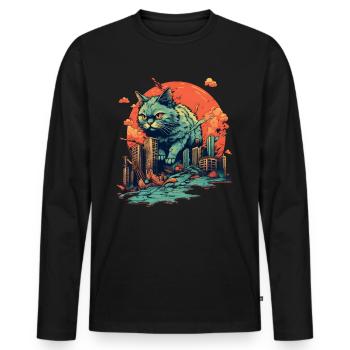 Kaiju Cat destroys City, Giant Evil Cat Japan - Men's Premium Organic Long Sleeve Shirt - black - Front - Nico (187cm)