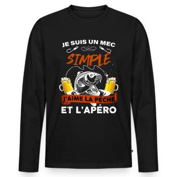 Mec simple pêche et apéro le bonheur - T-shirt manches longues Premium bio Homme - noir - Devant - Nico (187cm)