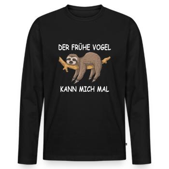 Faultier Spruchshirt DER FRÜHE VOGEL KANN MICH MAL - Männer Premium Bio Langarmshirt - Schwarz - Vorne - Nico (187cm)