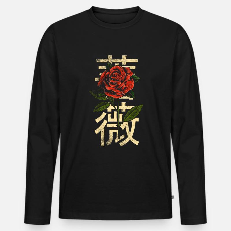Rose mit japanischen Schriftzeichen - Männer Premium Bio Langarmshirt - Schwarz