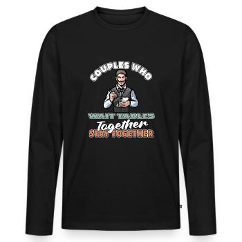 Couple de serveuses serveur - T-shirt manches longues Premium bio Homme - noir - Devant - Nico (187cm)