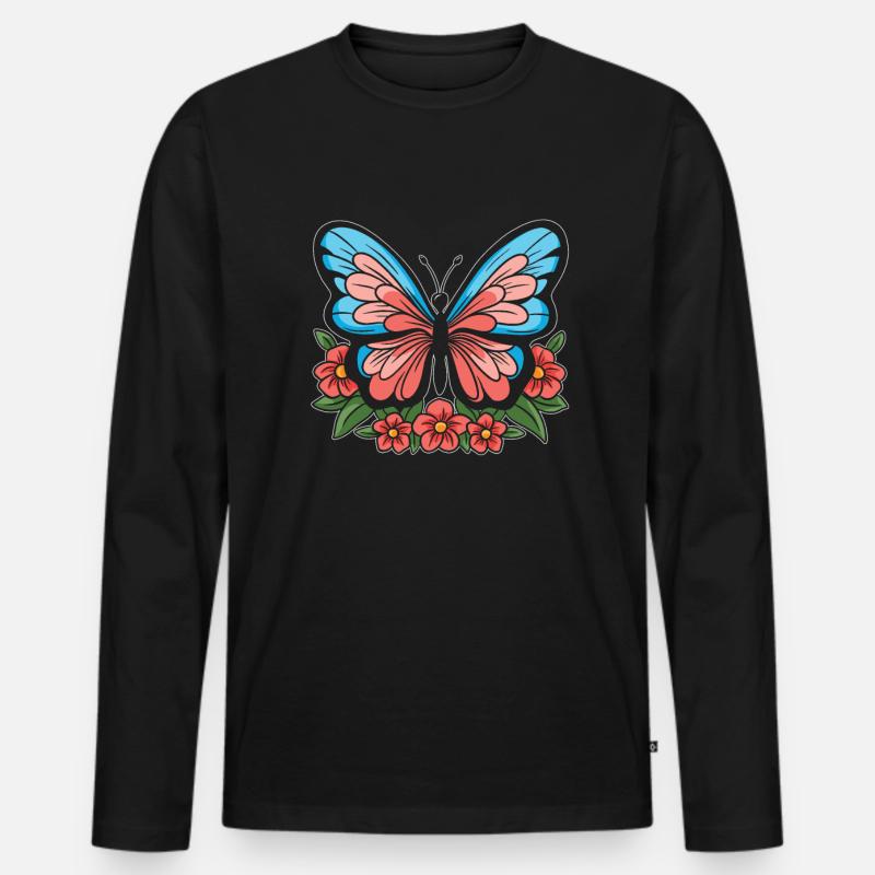 Schmetterling Blumen - Männer Premium Bio Langarmshirt - Schwarz