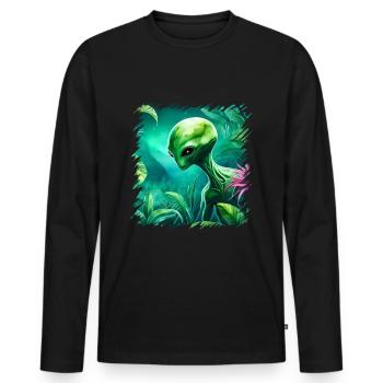 Des extraterrestres verts, des extraterrestres et des ovnis dans la forêt, l’espace - T-shirt manches longues Premium bio Homme - noir - Devant - Nico (187cm)
