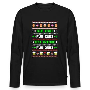 Sie isst für Zwei Ich esse für Drei Ugly Xmas Fun - Männer Premium Bio Langarmshirt - Schwarz - Vorne - Nico (187cm)