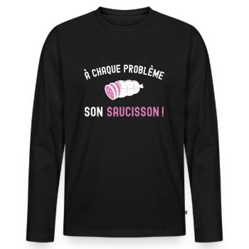 Problème Saucisson Drôle - Cadeau Apéro Humour - T-shirt manches longues Premium bio Homme - noir - Devant - Nico (187cm)