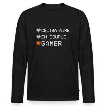 Célibataire Couple Gamer Cadeau Geek St Valentin - T-shirt manches longues Premium bio Homme - noir - Devant - Nico (187cm)