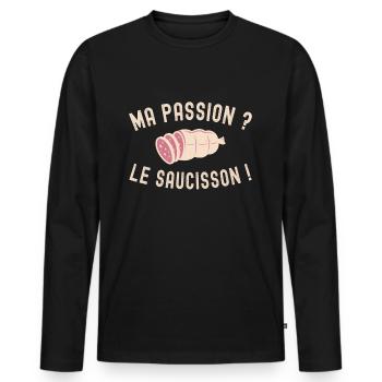 Ma Passion Le Saucisson Humour - Idée Cadeau Apéro - T-shirt manches longues Premium bio Homme - noir - Devant - Nico (187cm)