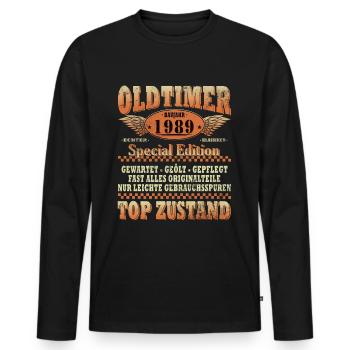 LUSTIG 35. GEBURTSTAG OLDTIMER 1989 EINZELSTÜCK - Männer Premium Bio Langarmshirt - Schwarz - Vorne - Nico (187cm)