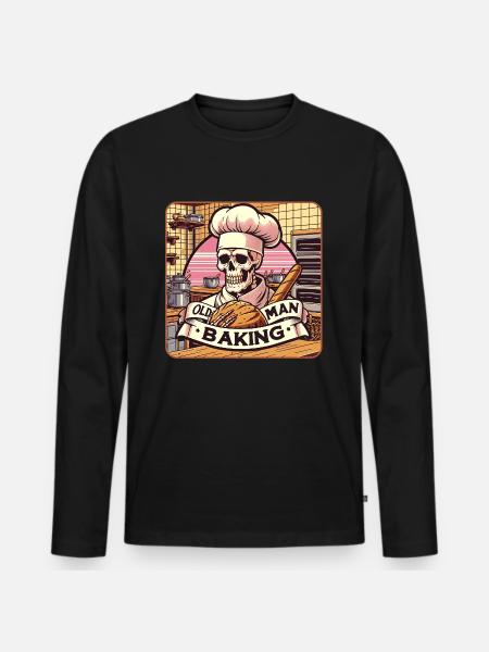 Gammel mand bagekranie med bagerhat med brød - Premium økologisk langærmet T-shirt til mænd - sort