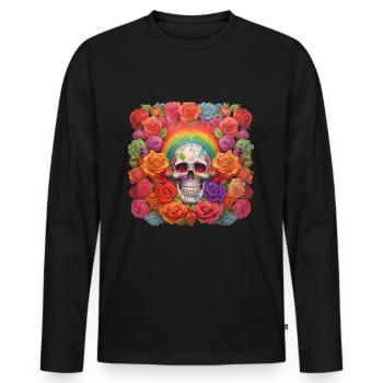 Totenkopf mit Regenbogen im Rosenbett - Männer Premium Bio Langarmshirt - Schwarz - Vorne - Nico (187cm)
