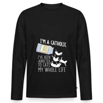 I'm a Catholic - I've been addicted to Cats- Katze - Männer Premium Bio Langarmshirt - Schwarz - Vorne - Nico (187cm)