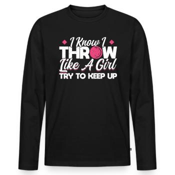 Je sais que je lance comme une fille - T-shirt manches longues Premium bio Homme - noir - Devant - Nico (187cm)