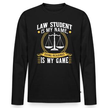 Étudiant en droit est mon nom Les lectures sont mon jeu - T-shirt manches longues Premium bio Homme - noir - Devant - Nico (187cm)
