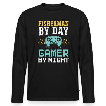 Fisherman By Day - Gamer By Night - Fishing - Men's Premium Organic Long Sleeve Shirt - black - Front - Nico (187cm)