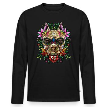 Pit Bull Sugar Skull - Dias De Los Muertos | Hund - Männer Premium Bio Langarmshirt - Schwarz - Vorne - Nico (187cm)