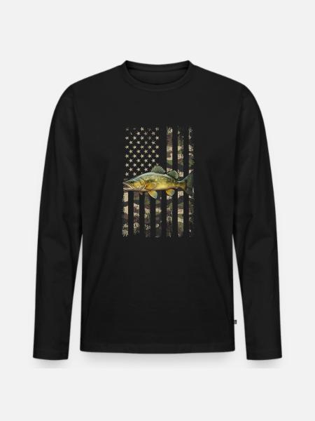 walleye American flag, Fishing - Men's Premium Organic Long Sleeve Shirt - black