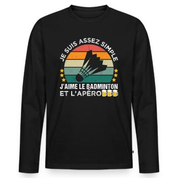 J' aime le badminton et l' apéro cadeau vintage - T-shirt manches longues Premium bio Homme - noir - Devant - Nico (187cm)