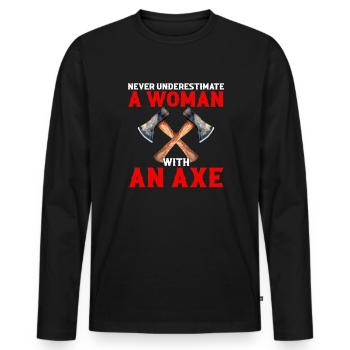 never underestimate a woman,axe throwing - Männer Premium Bio Langarmshirt - Schwarz - Vorne - Nico (187cm)