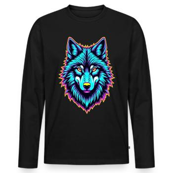 Neon Wolfskopf – Psychedelisch leuchtendes Tierdesign - Männer Premium Bio Langarmshirt - Schwarz - Vorne - Nico (187cm)