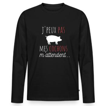 j'peux pas mes cochons m'attendent cadeau humour - T-shirt manches longues Premium bio Homme - noir - Devant - Nico (187cm)