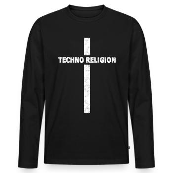 Techno - Musique techno - Religion techno avec croix - T-shirt manches longues Premium bio Homme - noir - Devant - Nico (187cm)