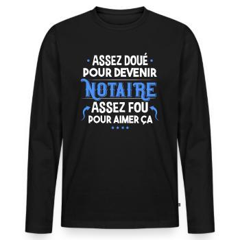 Notaire homme. Cadeau humour. Carrière droit - T-shirt manches longues Premium bio Homme - noir - Devant - Nico (187cm)