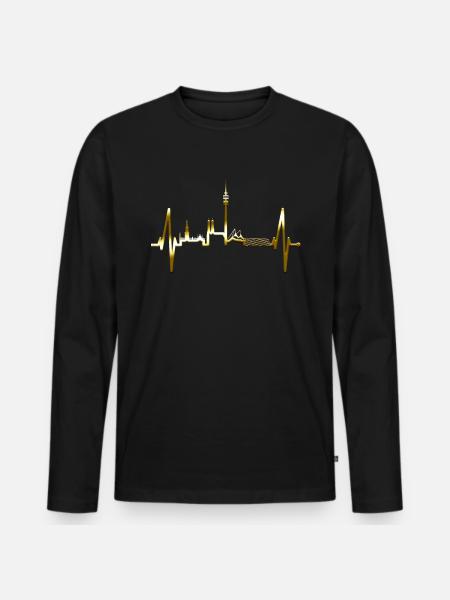 München Skyline Heartbeat Fan Gold - Mannen Premium Bio shirt met lange mouwen - zwart