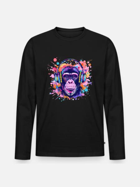 Mono con Auriculares Decoración Mujer Regalo Hombre - Camiseta ecológica prémium de manga larga para hombre - negro
