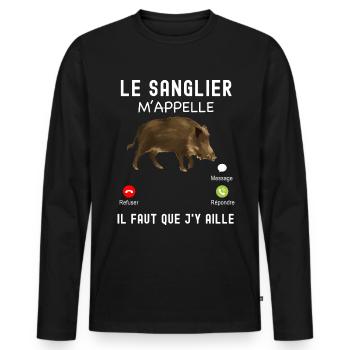 Chasseur je t'attend humour appelle sanglier - T-shirt manches longues Premium bio Homme - noir - Devant - Nico (187cm)