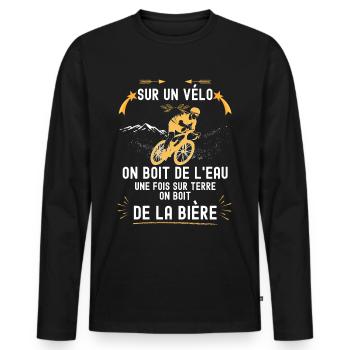 Velo, cycliste eau et bière humour papa, papy - T-shirt manches longues Premium bio Homme - noir - Devant - Nico (187cm)