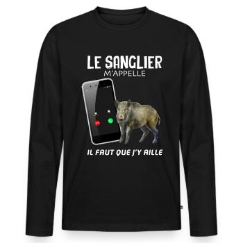 Chasseur de Sanglier Cadeau Humour Chasse Gibier - T-shirt manches longues Premium bio Homme - noir - Devant - Nico (187cm)