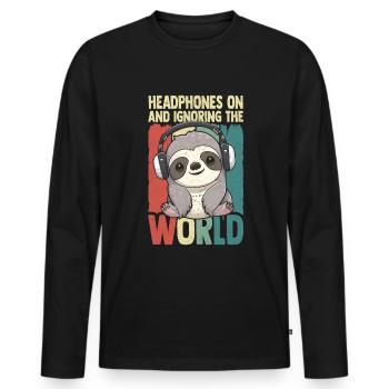 Kopfhörer Kawaii Faultier Musik hören - Männer Premium Bio Langarmshirt - Schwarz - Vorne - Nico (187cm)