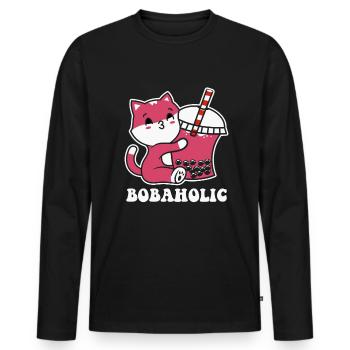 Süße Katze Kätzchen trinkt Boba Tea Bubble Tea - Männer Premium Bio Langarmshirt - Schwarz - Vorne - Nico (187cm)