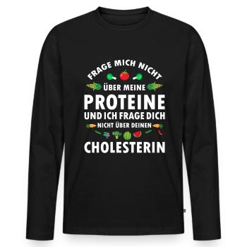 Frage mich nicht über Proteine Veganer Sprüche - Männer Premium Bio Langarmshirt - Schwarz - Vorne - Nico (187cm)