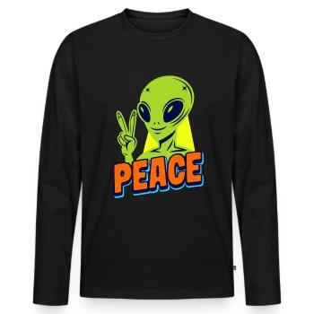 Funny green Alien with Peace sign Space - Männer Premium Bio Langarmshirt - Schwarz - Vorne - Nico (187cm)