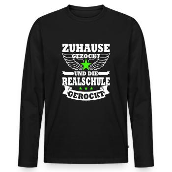 Gezockt und Realschule gerockt - Schulabschluss - Männer Premium Bio Langarmshirt - Schwarz - Vorne - Nico (187cm)