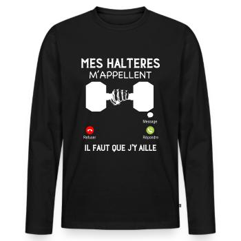 Cadeau musculation humour mes haltères m'appellent - T-shirt manches longues Premium bio Homme - noir - Devant - Nico (187cm)